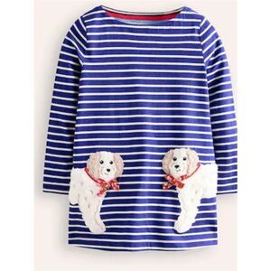 Mini Boden Blue Striped Dog Appliqué Dress Sz 6-7